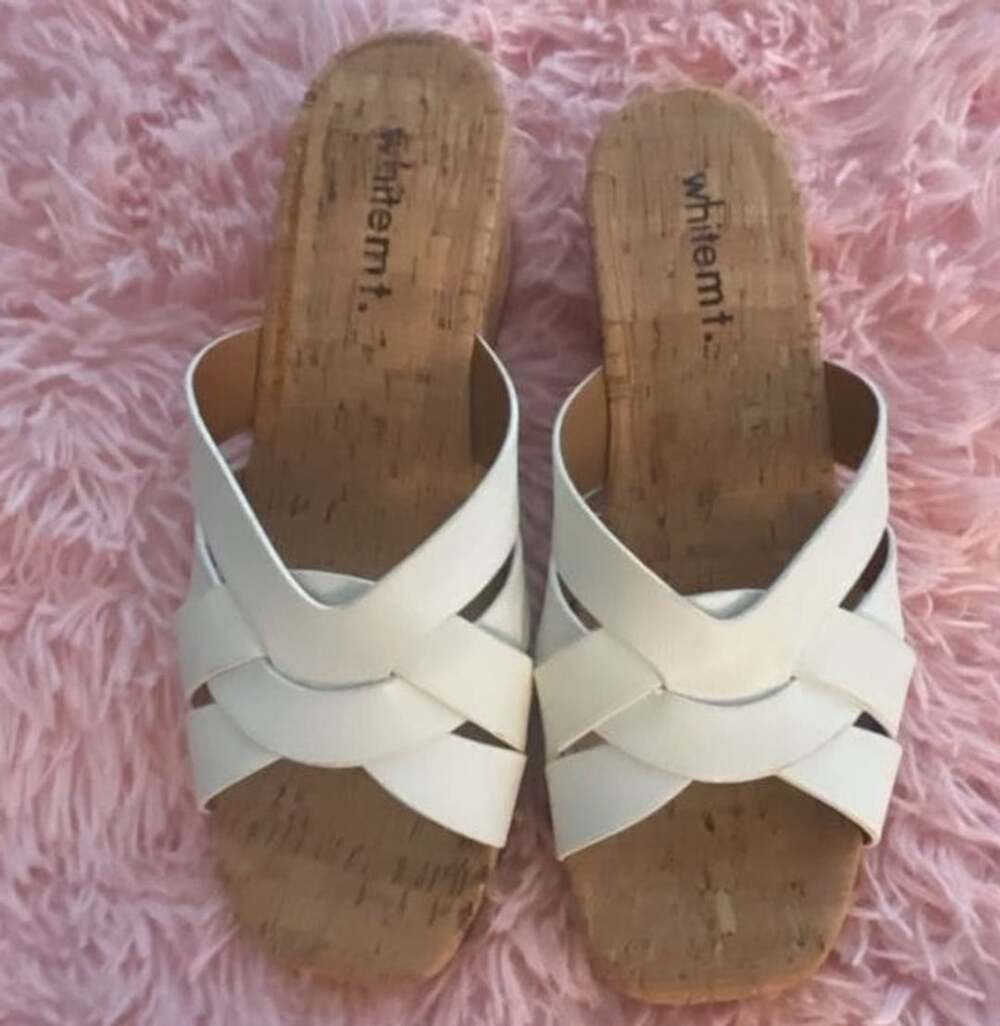 White Mountain Wedge Sandals White Cross Strap Cork Slide - Picture 4 of 9
